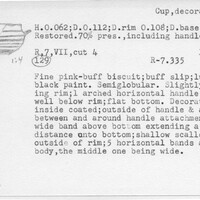Index card with typed and handwritten information, sometimes including a sketch, of pottery from an excavation.