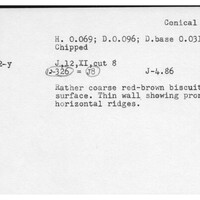 Index card with typed and handwritten information, sometimes including a sketch, of pottery from an excavation.