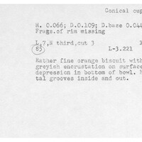 Index card with typed and handwritten information, sometimes including a sketch, of pottery from an excavation.