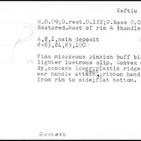 Index card with typed and handwritten information, sometimes including a sketch, of pottery from an excavation.