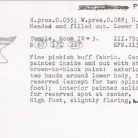 Index card with typed and handwritten information, sometimes including a sketch, of pottery from an excavation.