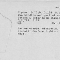 Index card with typed and handwritten information, sometimes including a sketch, of pottery from an excavation.