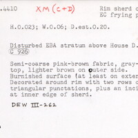 Index card with typed and handwritten information, sometimes including a sketch, of pottery from an excavation.