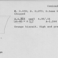 Index card with typed and handwritten information, sometimes including a sketch, of pottery from an excavation.