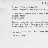 Index card with typed and handwritten information, sometimes including a sketch, of pottery from an excavation.