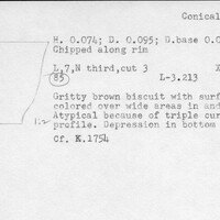 Index card with typed and handwritten information, sometimes including a sketch, of pottery from an excavation.