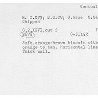Index card with typed and handwritten information, sometimes including a sketch, of pottery from an excavation.
