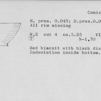 Index card with typed and handwritten information, sometimes including a sketch, of pottery from an excavation.