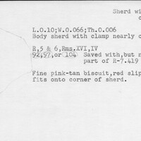 Index card with typed and handwritten information, sometimes including a sketch, of pottery from an excavation.
