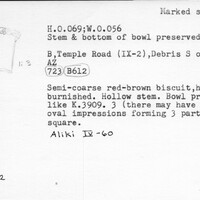 Index card with typed and handwritten information, sometimes including a sketch, of pottery from an excavation.