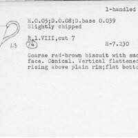 Index card with typed and handwritten information, sometimes including a sketch, of pottery from an excavation.