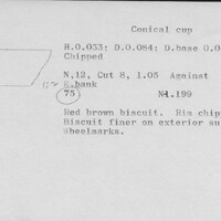 Index card with typed and handwritten information, sometimes including a sketch, of pottery from an excavation.
