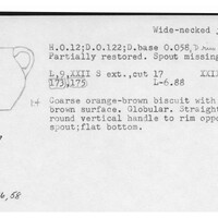 Index card with typed and handwritten information, sometimes including a sketch, of pottery from an excavation.