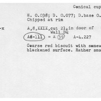 Index card with typed and handwritten information, sometimes including a sketch, of pottery from an excavation.