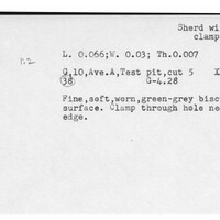 Index card with typed and handwritten information, sometimes including a sketch, of pottery from an excavation.