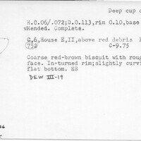 Index card with typed and handwritten information, sometimes including a sketch, of pottery from an excavation.