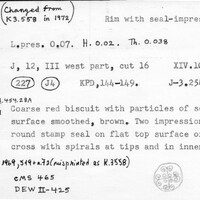 Index card with typed and handwritten information, sometimes including a sketch, of pottery from an excavation.