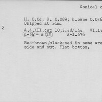 Index card with typed and handwritten information, sometimes including a sketch, of pottery from an excavation.