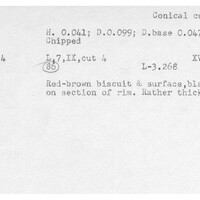 Index card with typed and handwritten information, sometimes including a sketch, of pottery from an excavation.