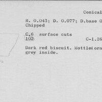 Index card with typed and handwritten information, sometimes including a sketch, of pottery from an excavation.