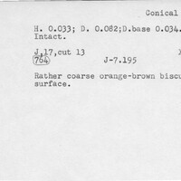 Index card with typed and handwritten information, sometimes including a sketch, of pottery from an excavation.