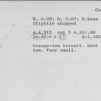 Index card with typed and handwritten information, sometimes including a sketch, of pottery from an excavation.