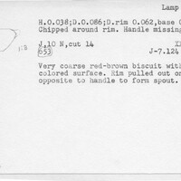 Index card with typed and handwritten information, sometimes including a sketch, of pottery from an excavation.