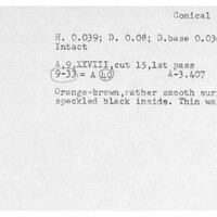 Index card with typed and handwritten information, sometimes including a sketch, of pottery from an excavation.