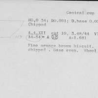 Index card with typed and handwritten information, sometimes including a sketch, of pottery from an excavation.