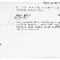 Index card with typed and handwritten information, sometimes including a sketch, of pottery from an excavation.