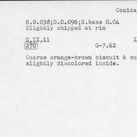 Index card with typed and handwritten information, sometimes including a sketch, of pottery from an excavation.