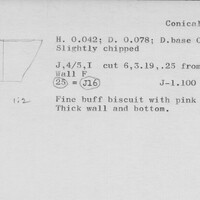 Index card with typed and handwritten information, sometimes including a sketch, of pottery from an excavation.