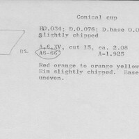 Index card with typed and handwritten information, sometimes including a sketch, of pottery from an excavation.