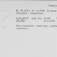 Index card with typed and handwritten information, sometimes including a sketch, of pottery from an excavation.