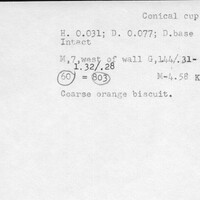 Index card with typed and handwritten information, sometimes including a sketch, of pottery from an excavation.