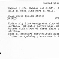 Index card with typed and handwritten information, sometimes including a sketch, of pottery from an excavation.