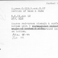 Index card with typed and handwritten information, sometimes including a sketch, of pottery from an excavation.