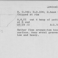 Index card with typed and handwritten information, sometimes including a sketch, of pottery from an excavation.