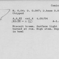 Index card with typed and handwritten information, sometimes including a sketch, of pottery from an excavation.