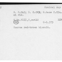 Index card with typed and handwritten information, sometimes including a sketch, of pottery from an excavation.