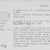 Index card with typed and handwritten information, sometimes including a sketch, of pottery from an excavation.