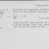 Index card with typed and handwritten information, sometimes including a sketch, of pottery from an excavation.