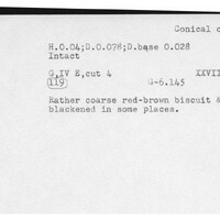 Index card with typed and handwritten information, sometimes including a sketch, of pottery from an excavation.