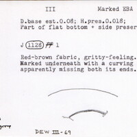 Index card with typed and handwritten information, sometimes including a sketch, of pottery from an excavation.