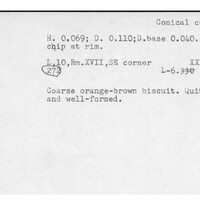 Index card with typed and handwritten information, sometimes including a sketch, of pottery from an excavation.