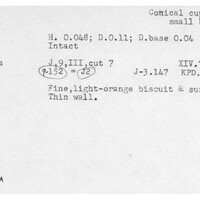Index card with typed and handwritten information, sometimes including a sketch, of pottery from an excavation.