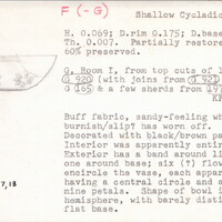 Index card with typed and handwritten information, sometimes including a sketch, of pottery from an excavation.