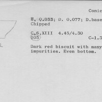 Index card with typed and handwritten information, sometimes including a sketch, of pottery from an excavation.