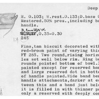 Index card with typed and handwritten information, sometimes including a sketch, of pottery from an excavation.