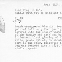 Index card with typed and handwritten information, sometimes including a sketch, of pottery from an excavation.